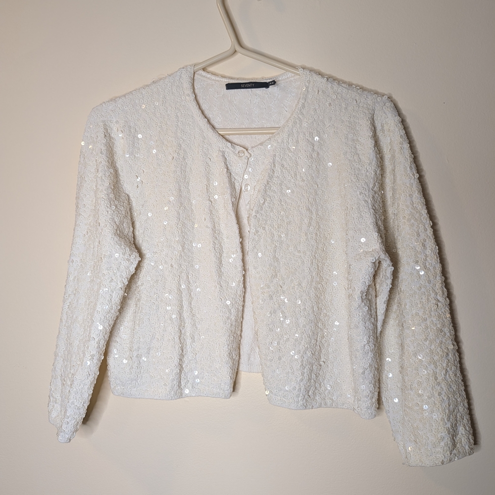 Seventy White Sequin Teddy Jacket, Christmas Cardigan, Grandma, Sparkly